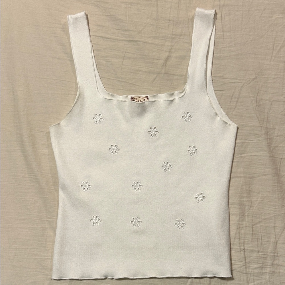 Hem & Thread Cream Tank Top with Floral Accents